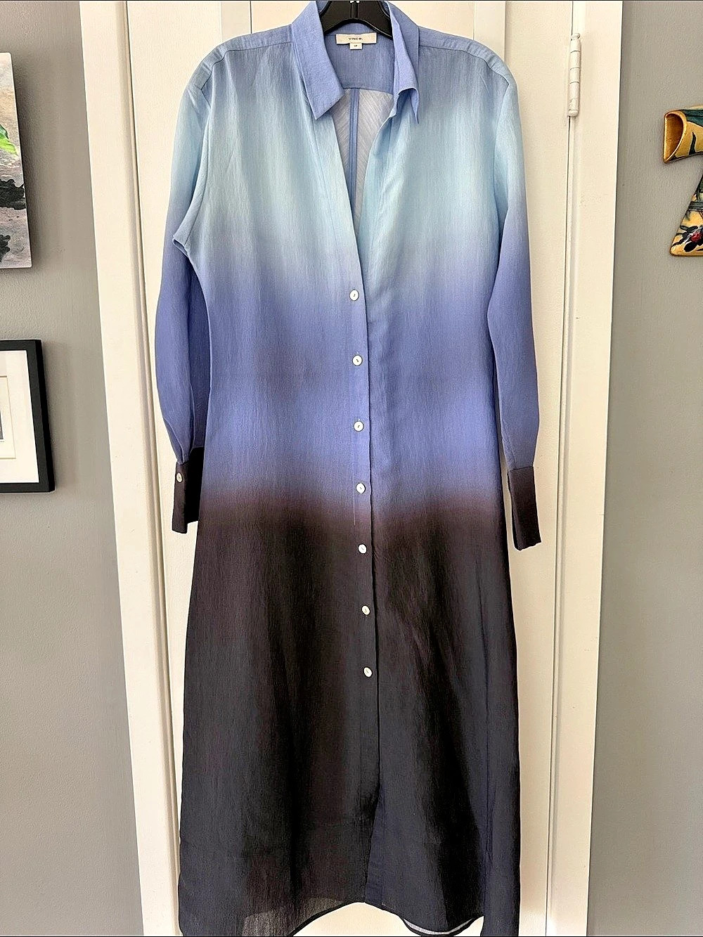 Vince Dip-Dye Ombré Long Sleeve Shirt Dress Blue & Black Small